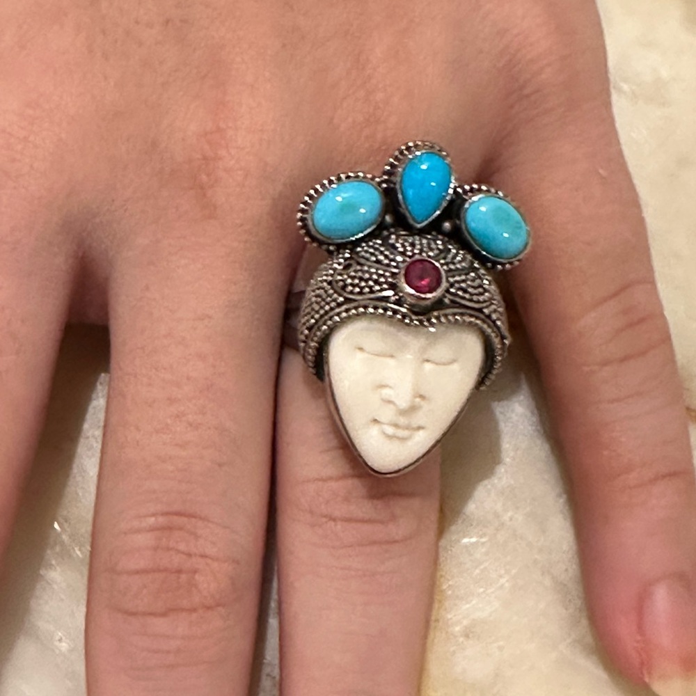 Artisan 925 sterling Silver Ring with Turquoise and Ruby real - Picture 8 of 9